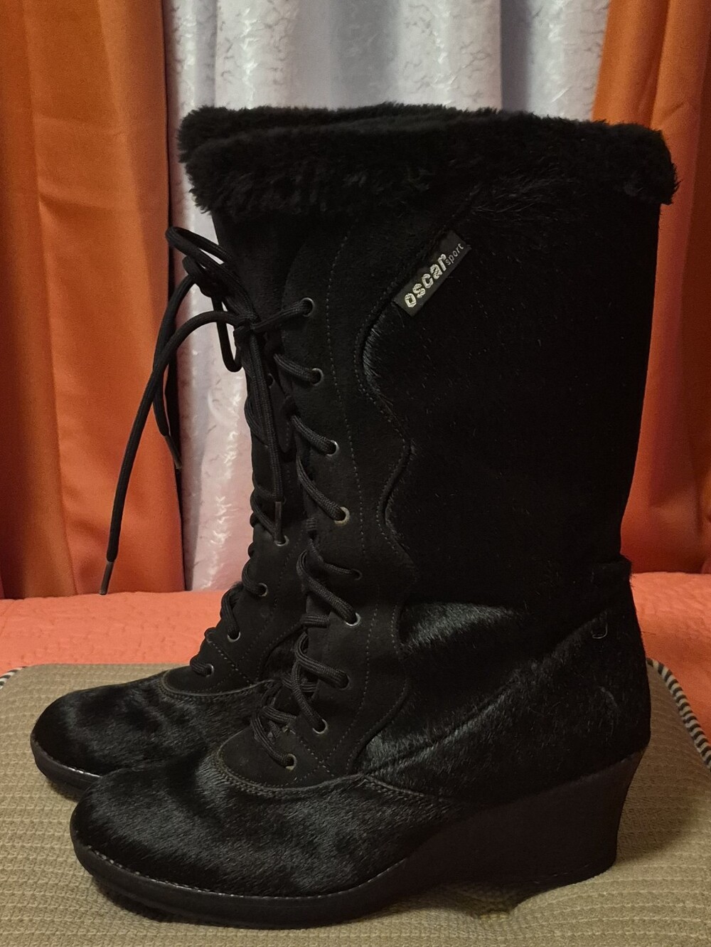 Black Lace-Up Wedge Winter Boots